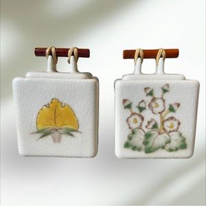 Set of 2 Japanese Square Stoneware Storage Jars With Lids